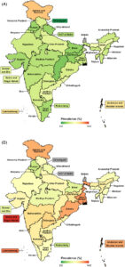 State-wise prevalence of dementia in people above 60 years; A) Urban, B) Rural areas. Source: (Lee et al., 2023)